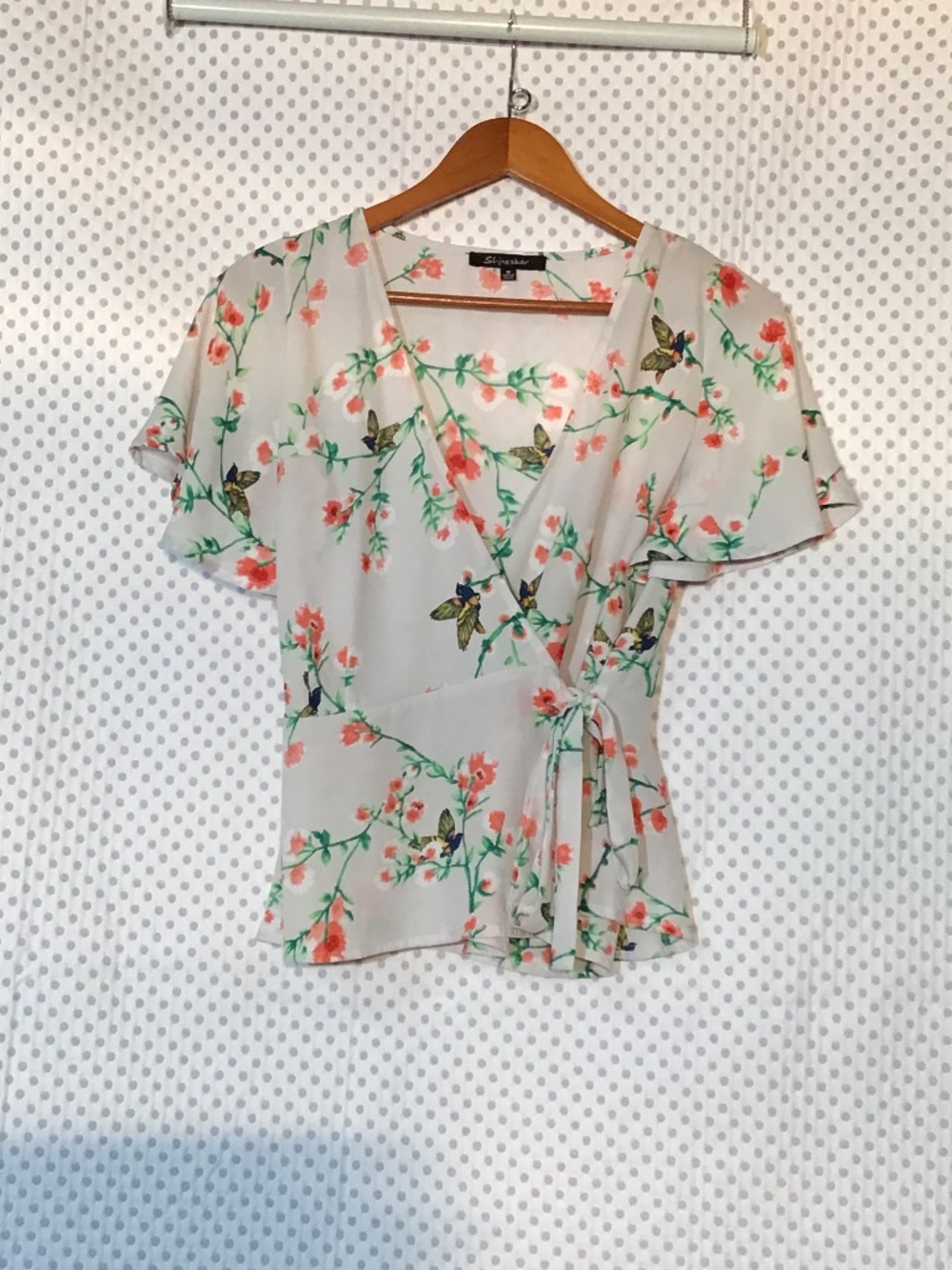 Shinestar short-sleeve faux-wrap floral with birds peplum blouse